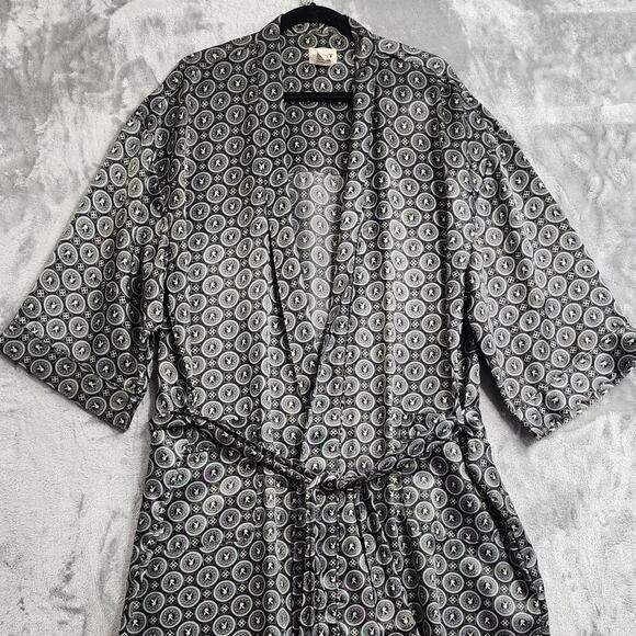 Vintage 90s Playboy Robe Mens Regular One Size Gray Satin Kimono All Over Logo - Picture 2 of 10